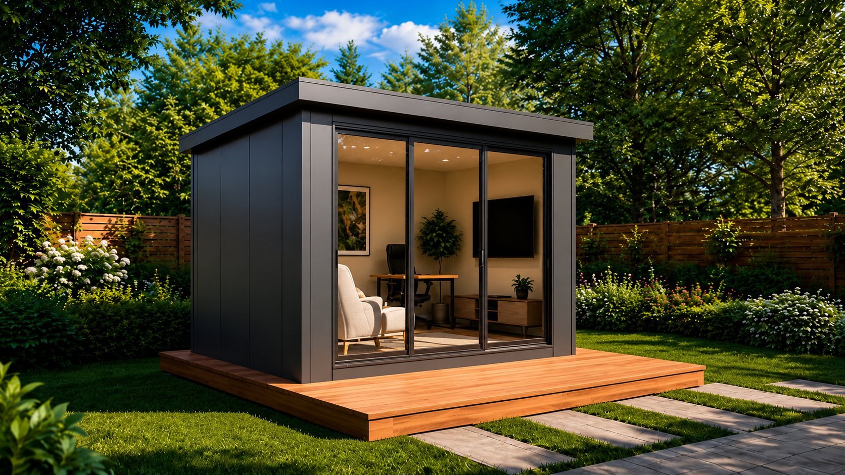 Garden Room 118 &mdash; dark exterior, glass doors, daytime backyard