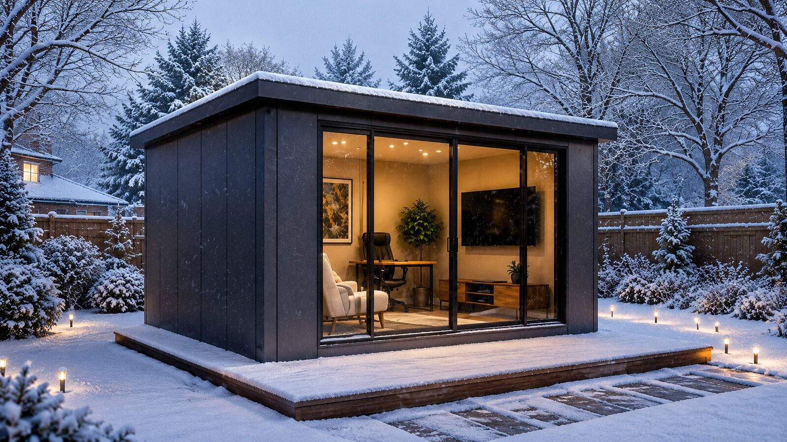 Garden Room 158 in winter snow with warm interior light