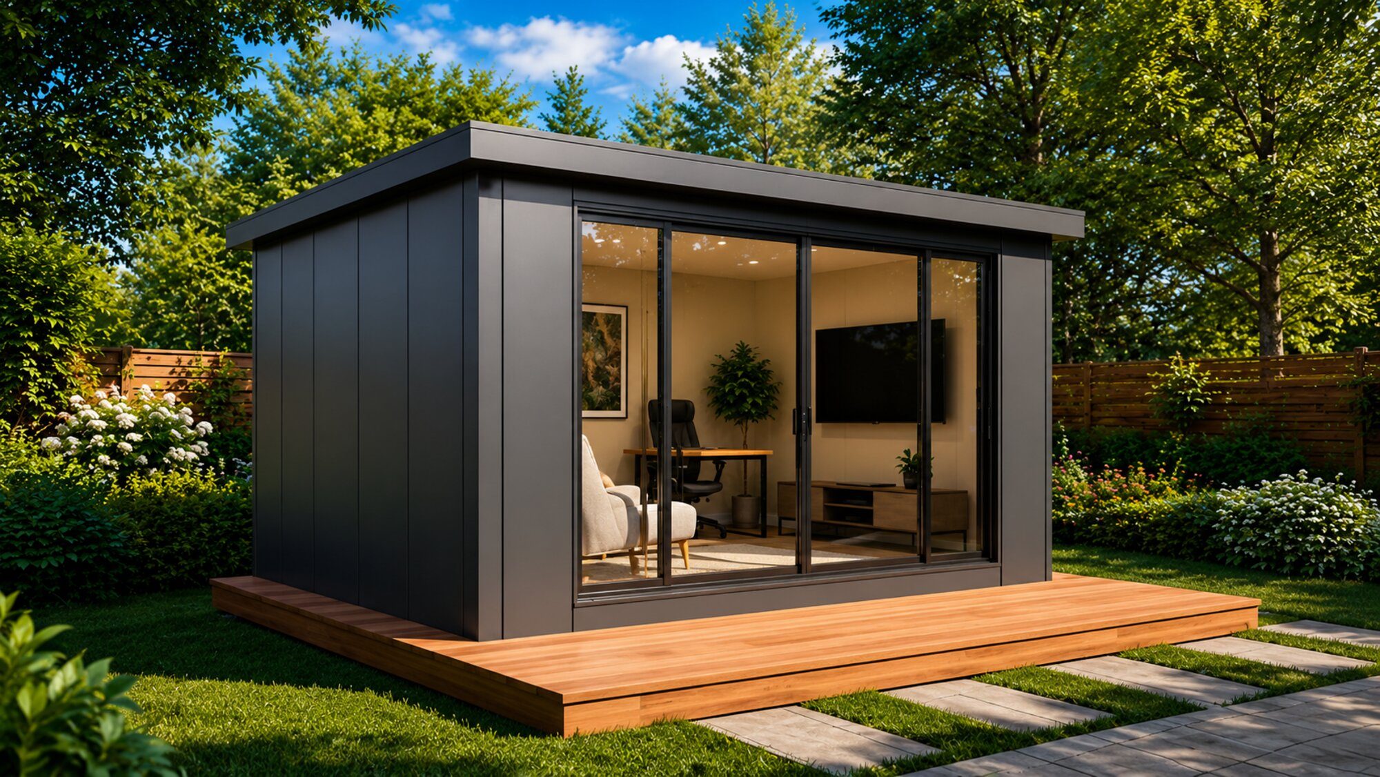 Garden Room 158 &mdash; dark exterior, glass doors, daytime backyard