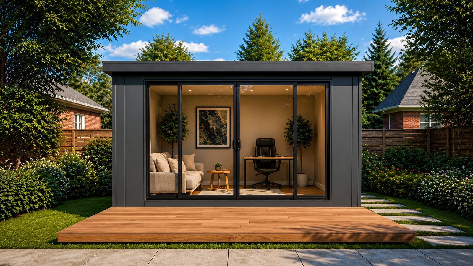 Front view of Garden Room 158 with office and lounge interior visible through glass doors