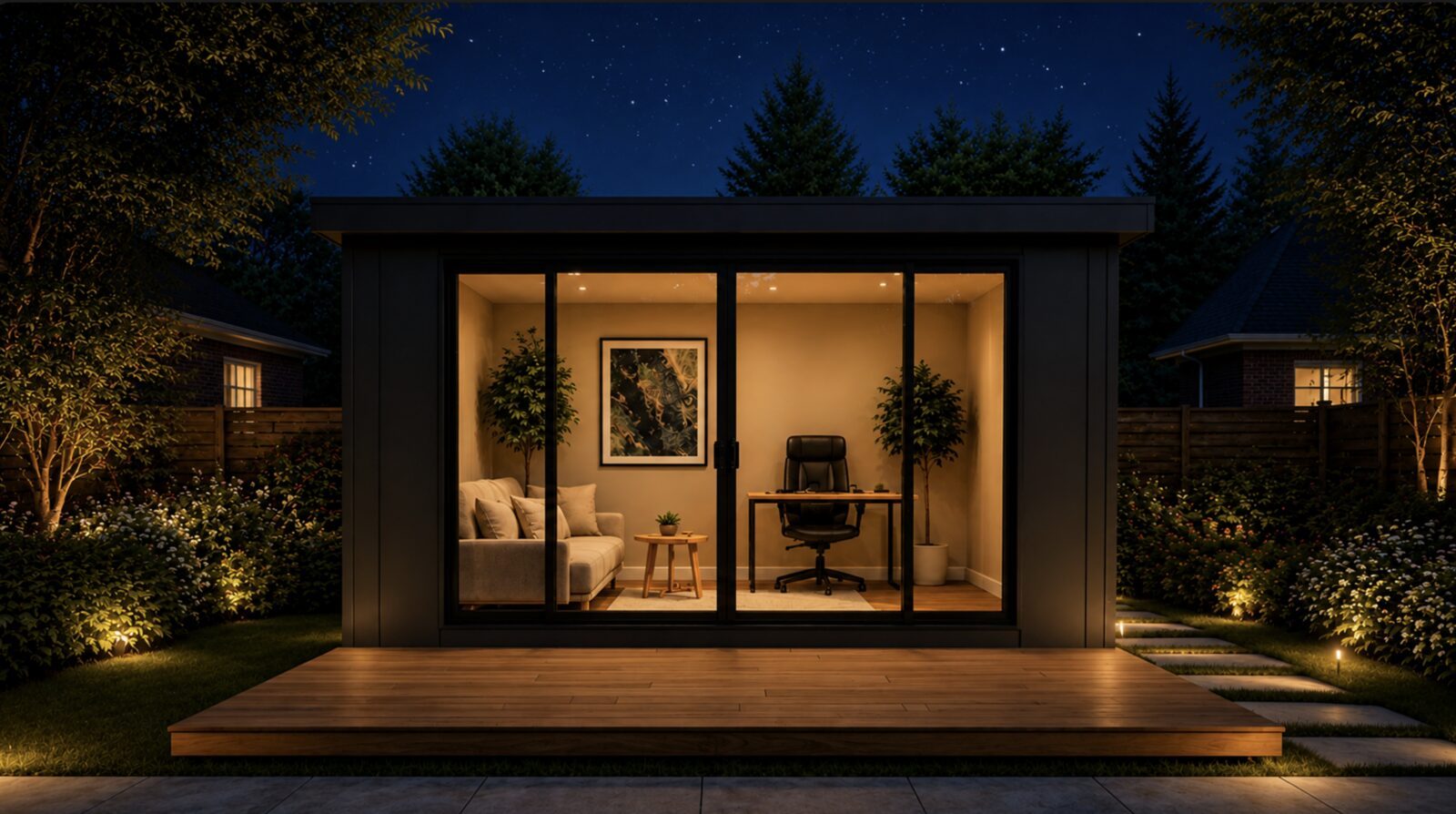 Night view of warm living room interior