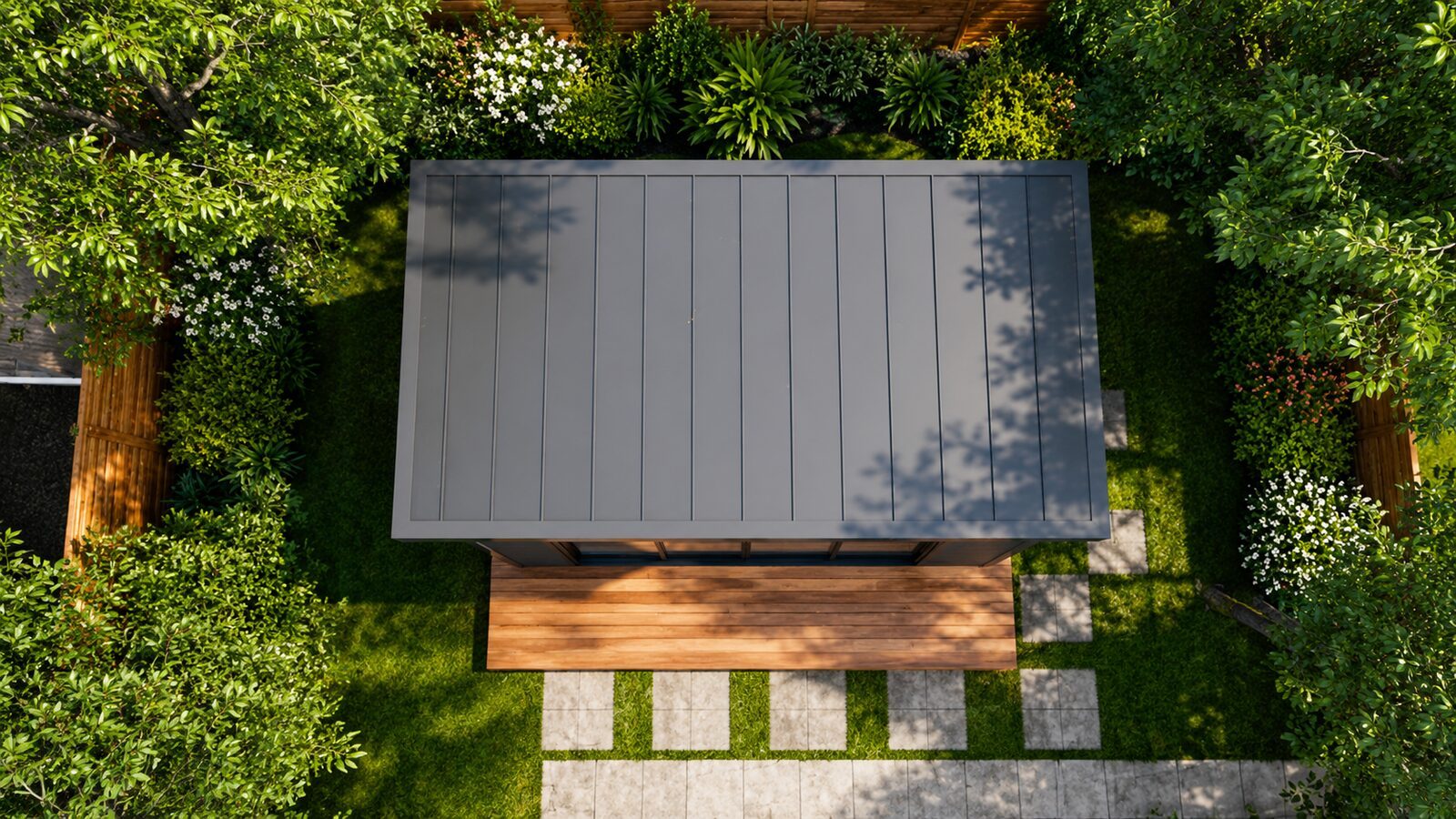 Top-down aerial view of Garden Room 158 nestled in a green backyard