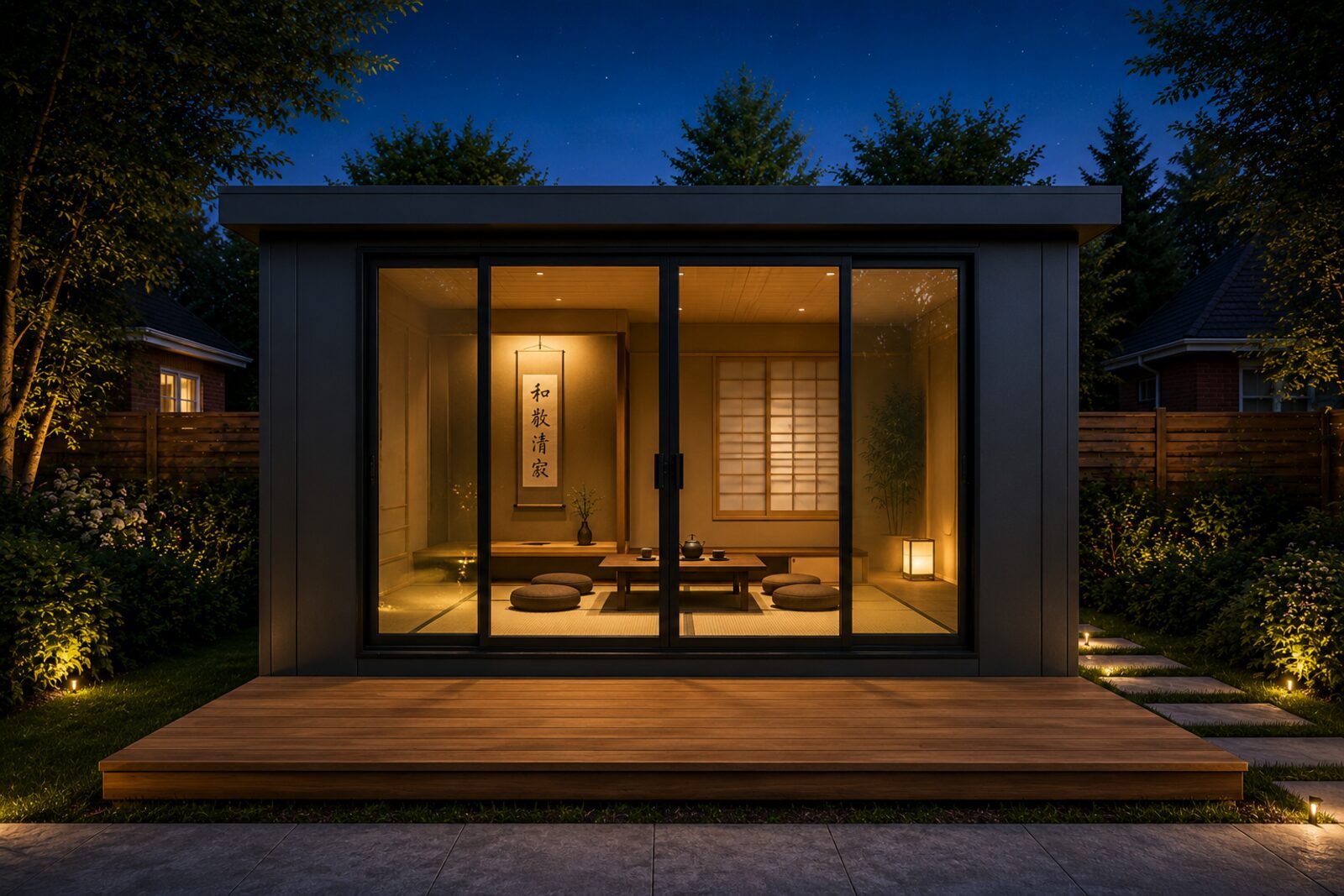 Quiet meditation room with tatami floor and low table