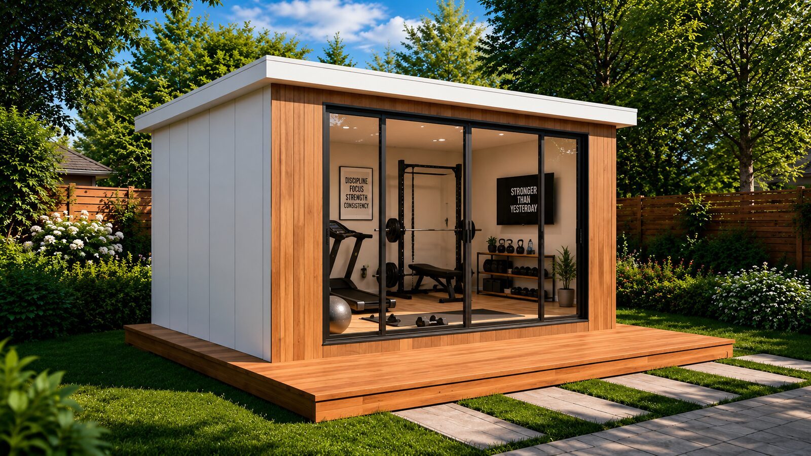 Gym setup with treadmill, squat rack and weights