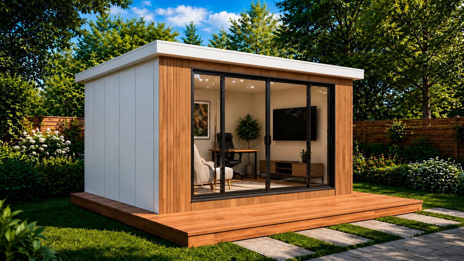 Daytime view of warm wood and white exterior